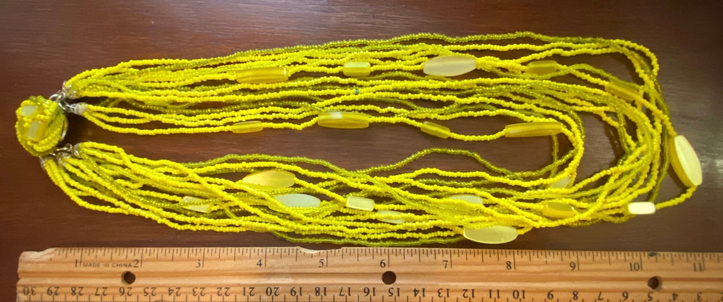 Bright Yellow Green Multistrand Glass Seed Bead Statement Necklace Bright