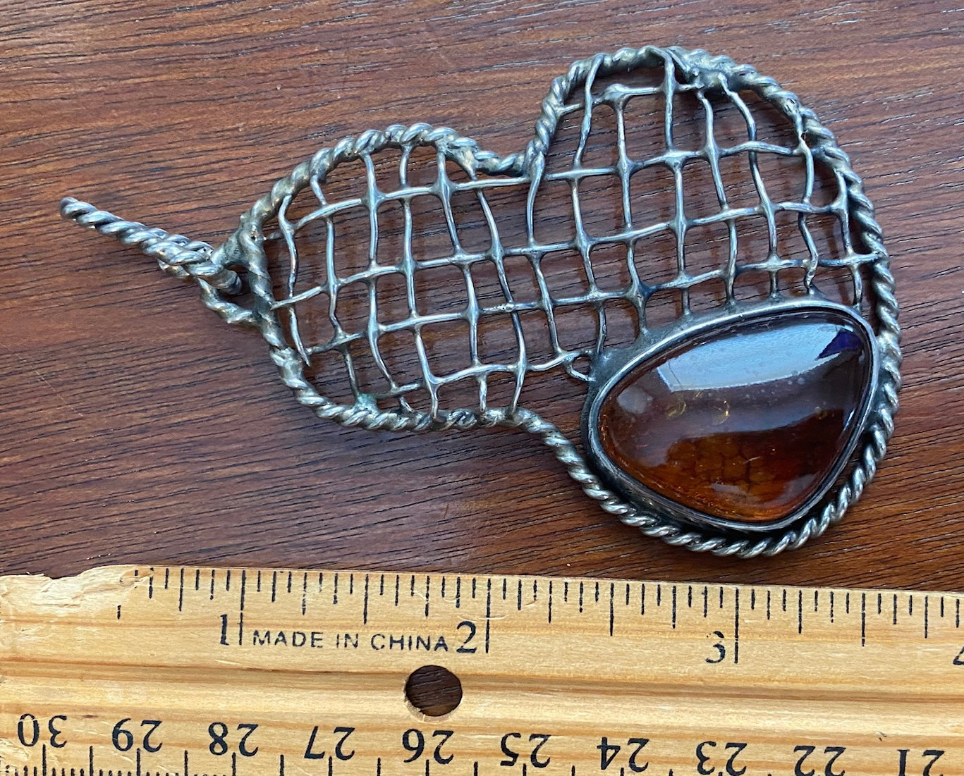 Sterling Silver 925 Large Wire Amber Cabochon Artist Necklace Pendant