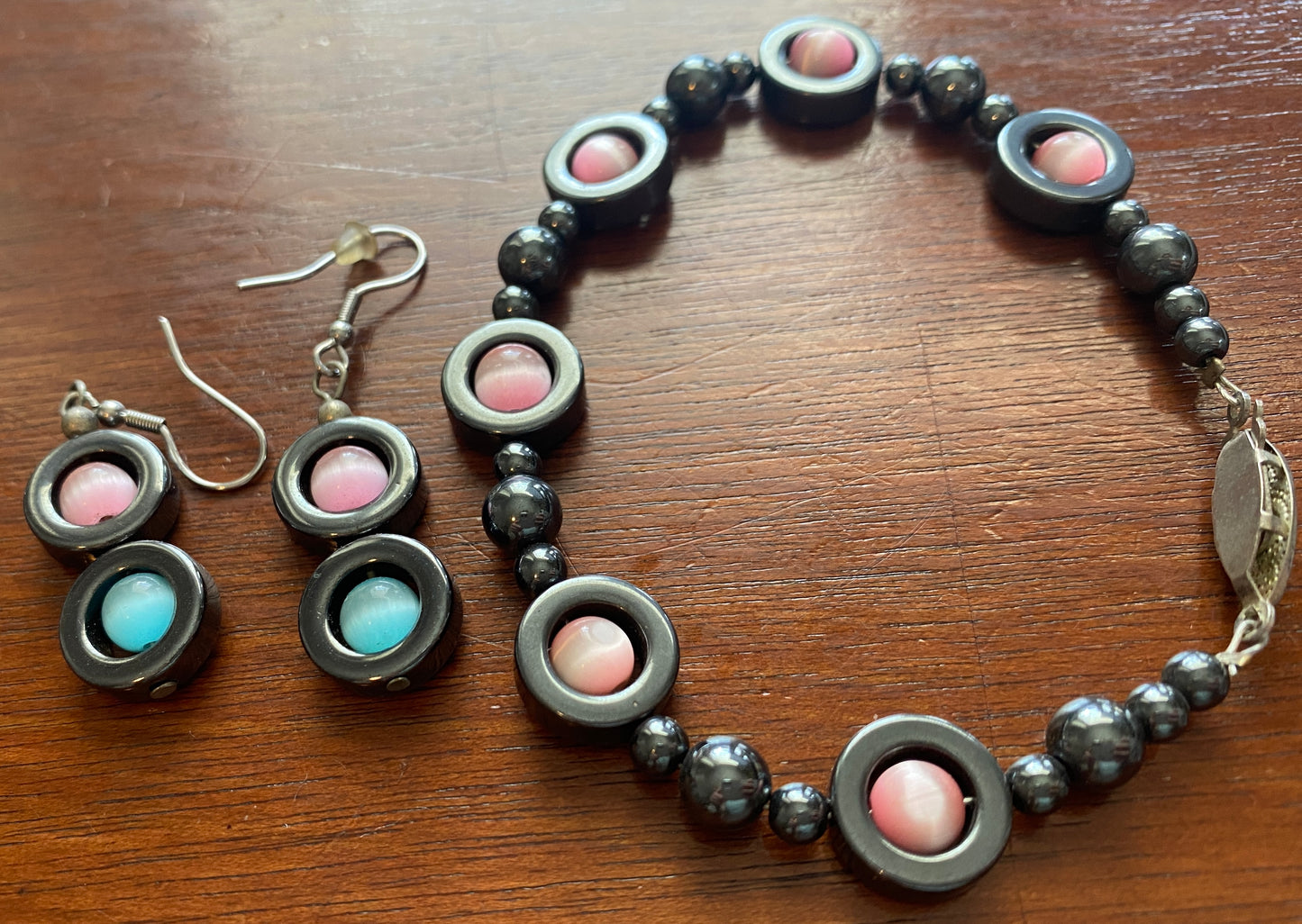 Vintage Hematite Pink Blue Stone Bracelet Earrings Set