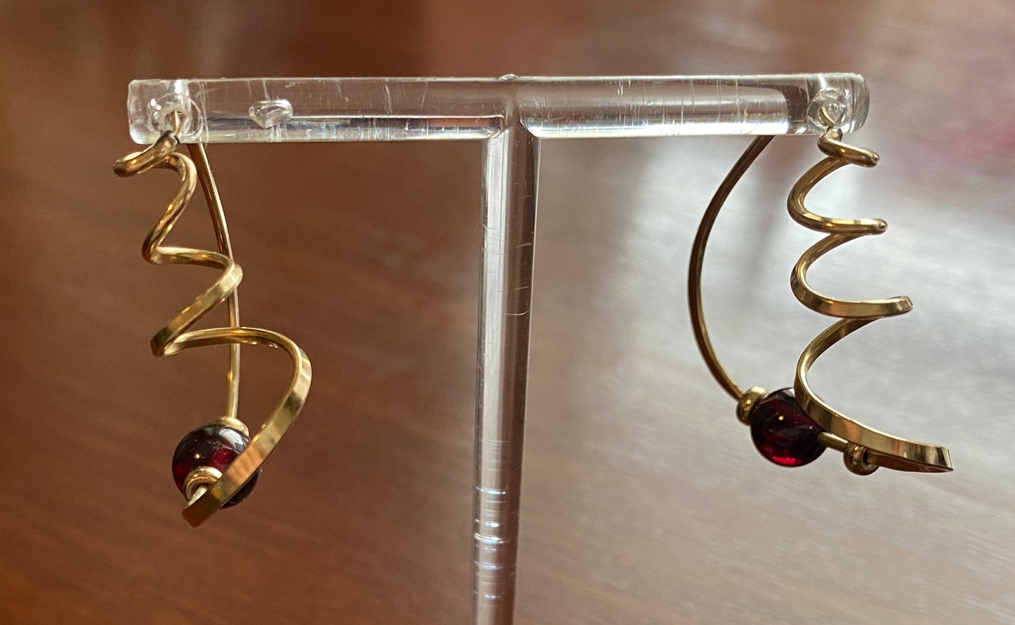 Gold Plated Cranberry Glass Pierced Earrings