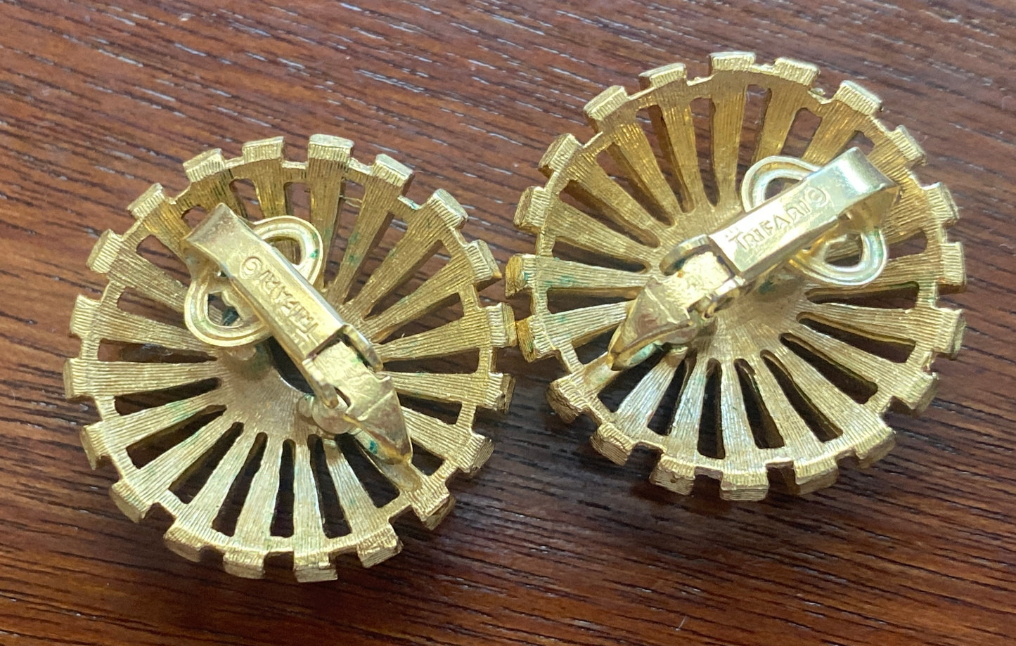 Vintage Signed Trifari Two Tone Gold Metal Domed Clip on Earrings
