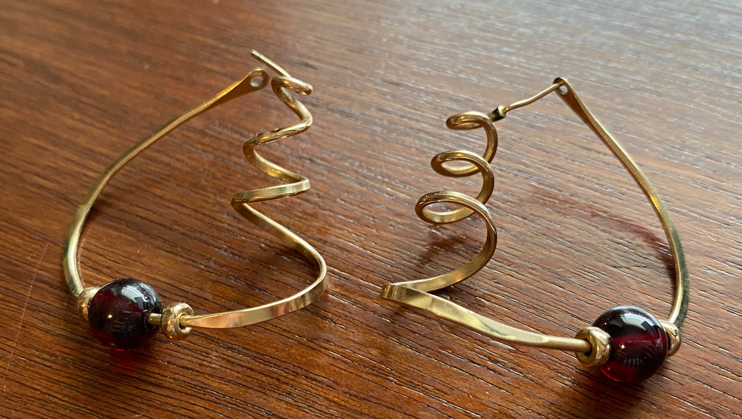 Gold Plated Cranberry Glass Pierced Earrings