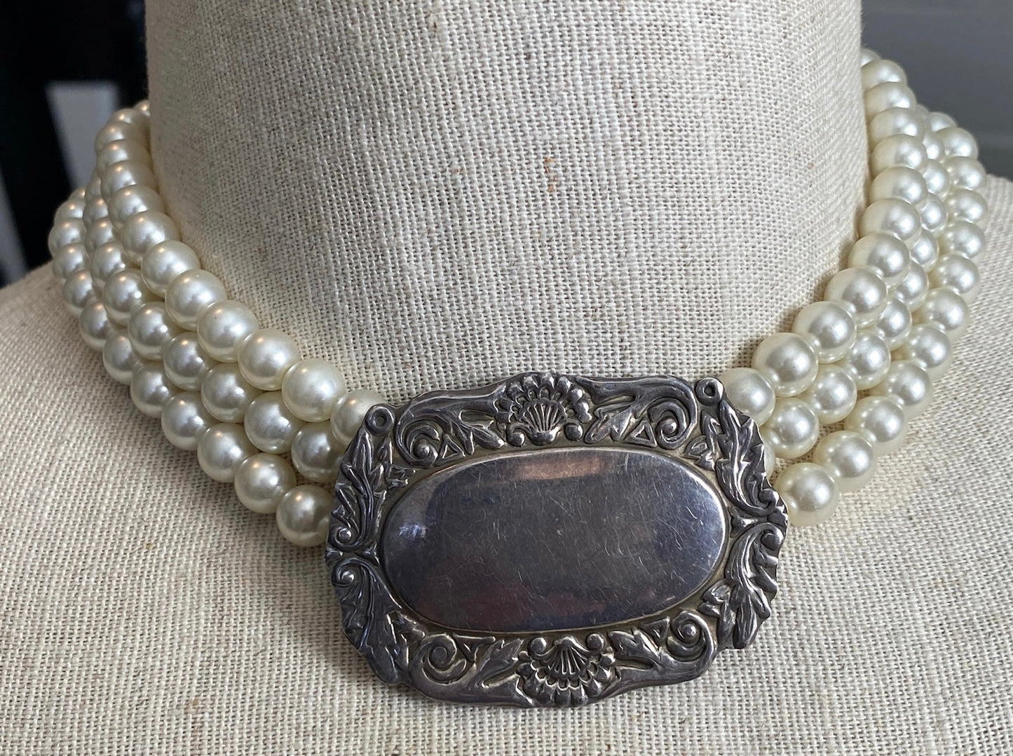 Designer MFX Sterling Silver 925 Multistrand Faux Pearl Choker Necklace