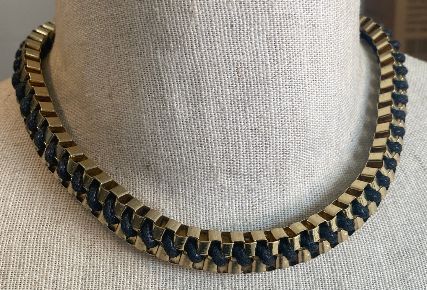 Gold tone Black Cord Woven Modern Collar Fashion Necklace