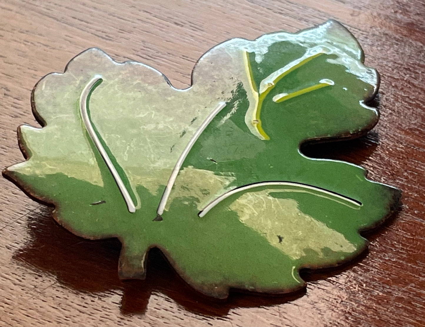 Vintage Large Copper Glazed Enamel Leaf Brooch Pin