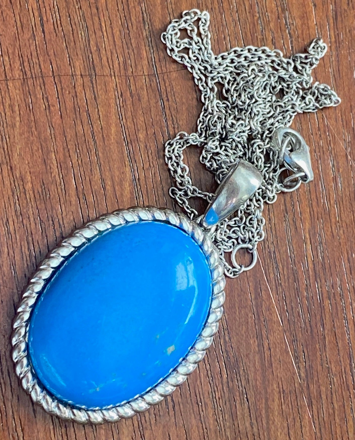 Sterling Silver Chain w Large Turquoise Cabochon Pendant Necklace