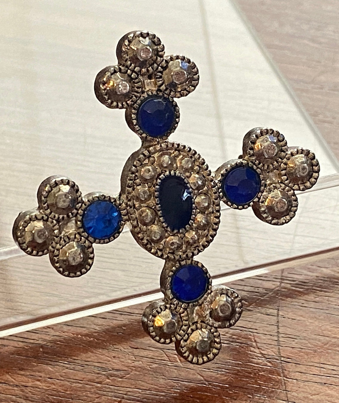 Vintage Silver Tone Blue Rhinestone Maltese Style Brooch Pin