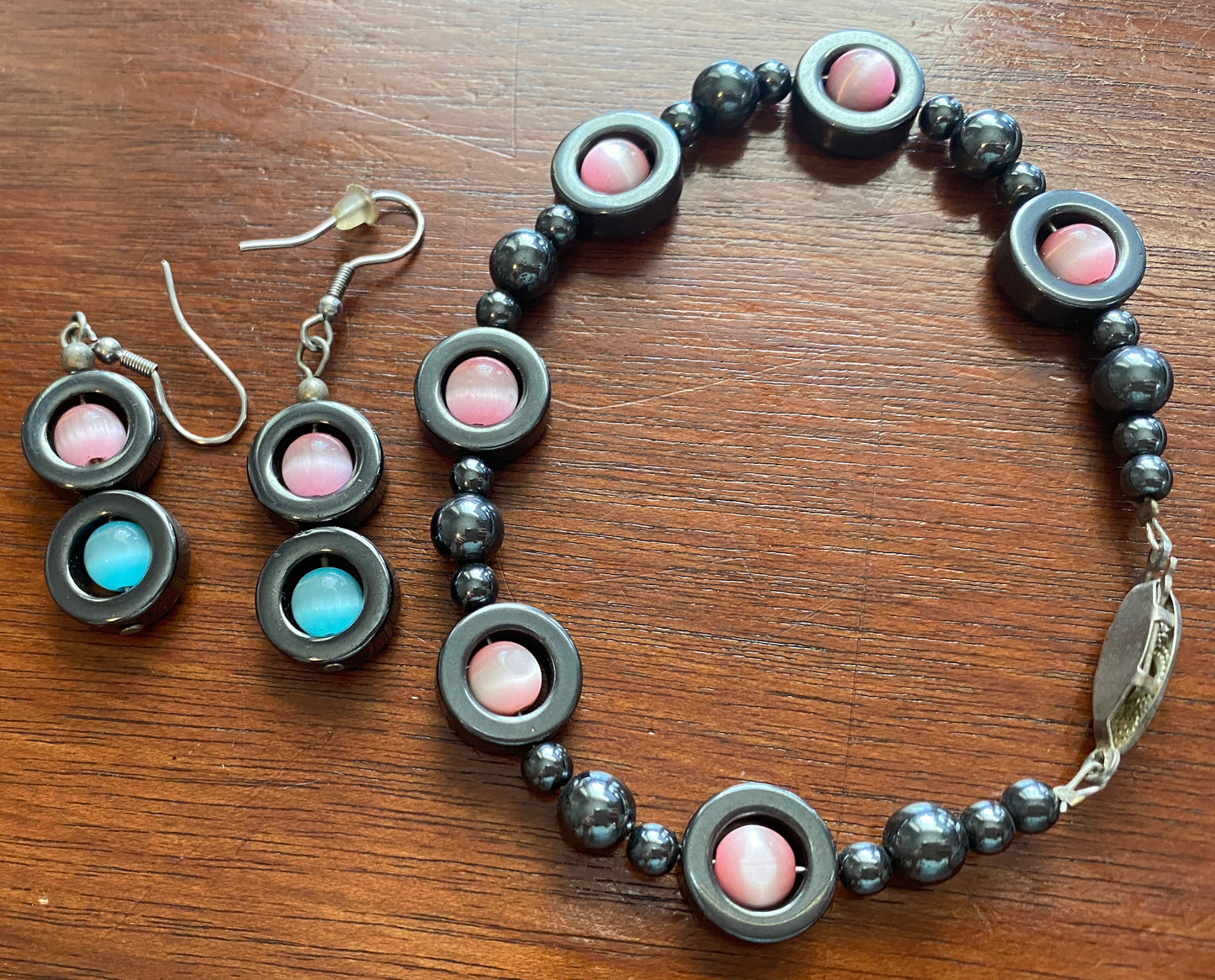 Vintage Hematite Pink Blue Stone Bracelet Earrings Set