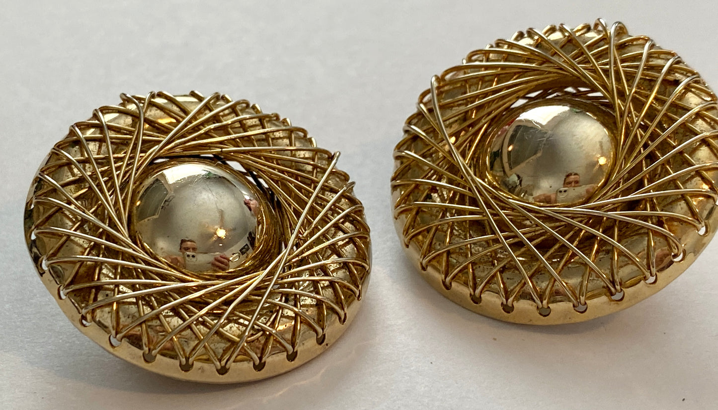 Vintage Large Gold Tone Metal Round Wire Clip on Earrings