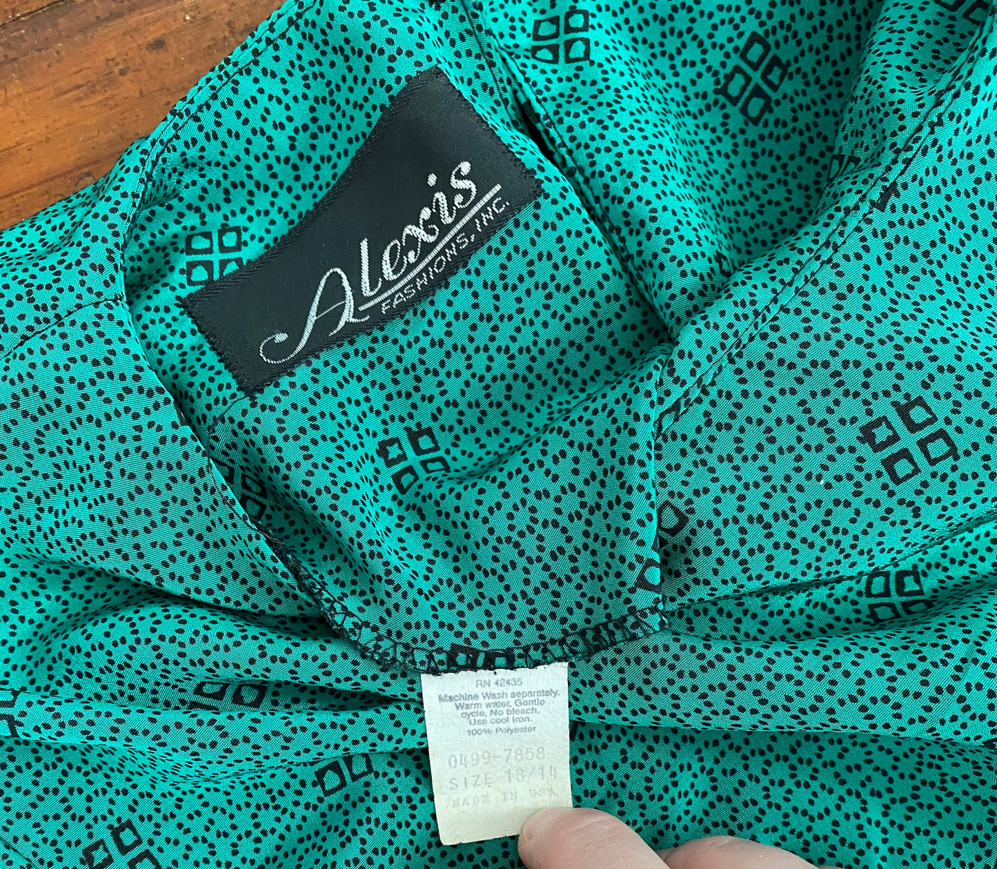 Vintage 70's Secretary Dress Pleated Green Black Funky Pattern