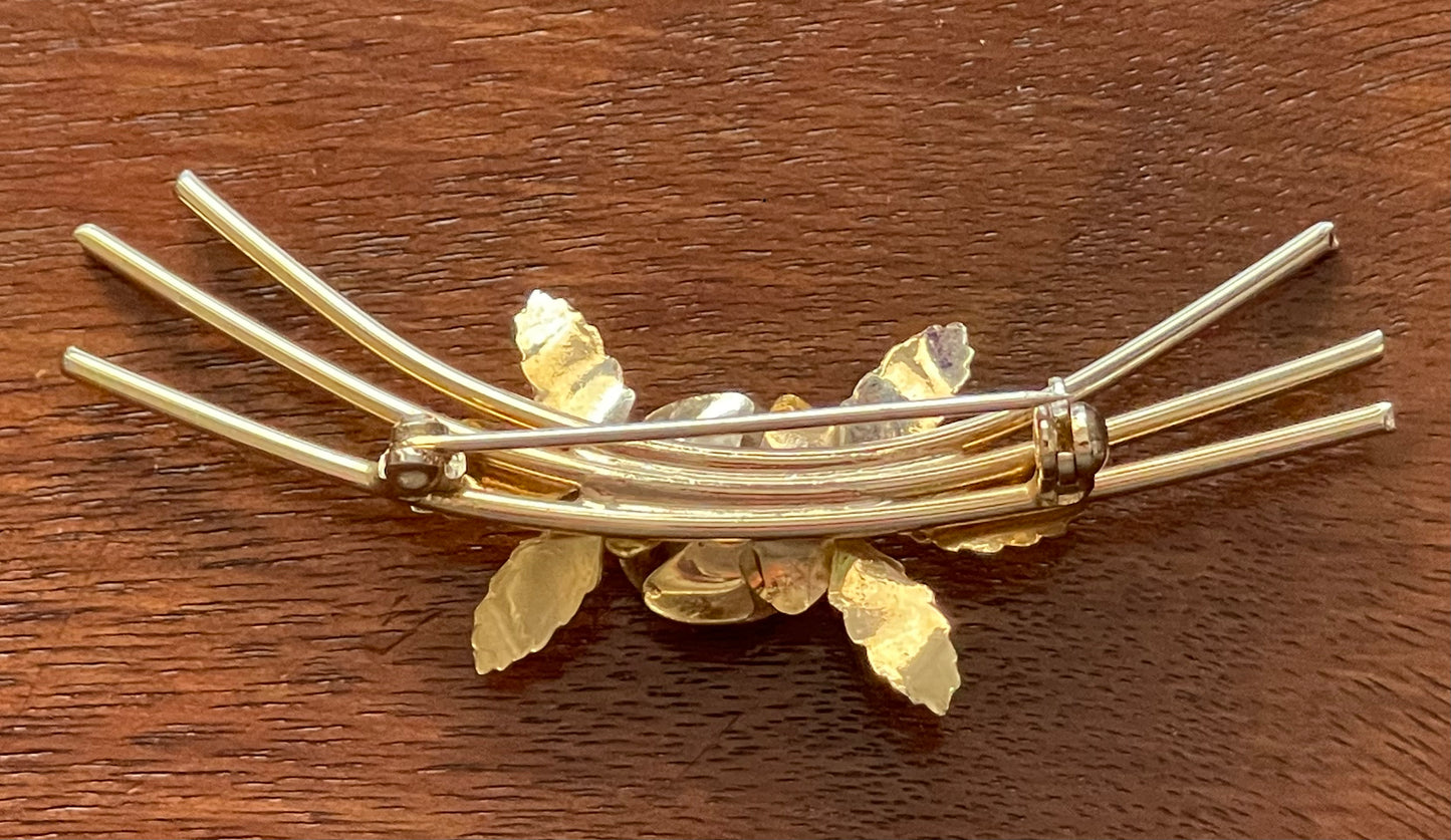 Vintage Gold Tone Brooch Pin Rose Leaf Faux Pearl