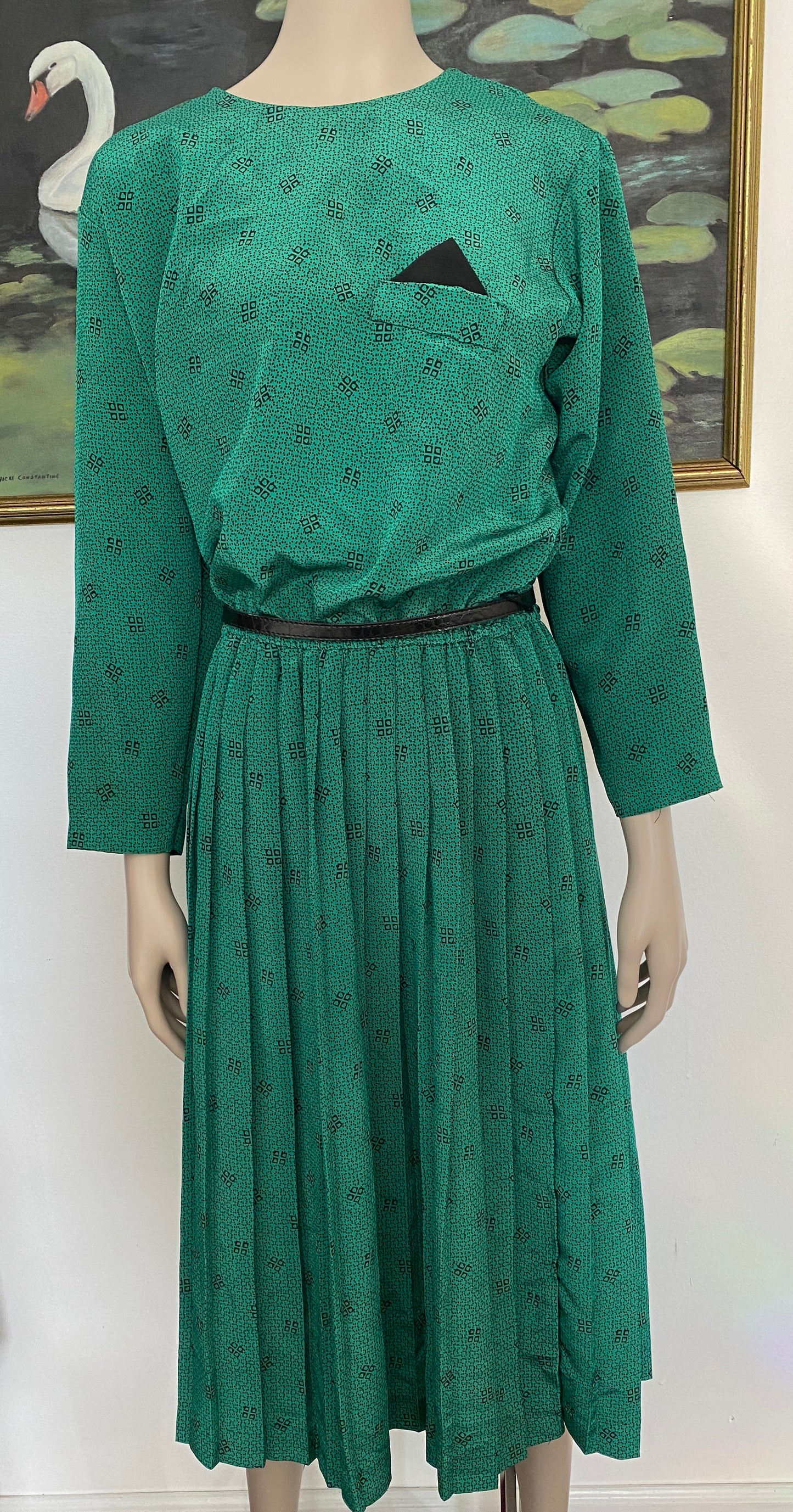Vintage 70's Secretary Dress Pleated Green Black Funky Pattern