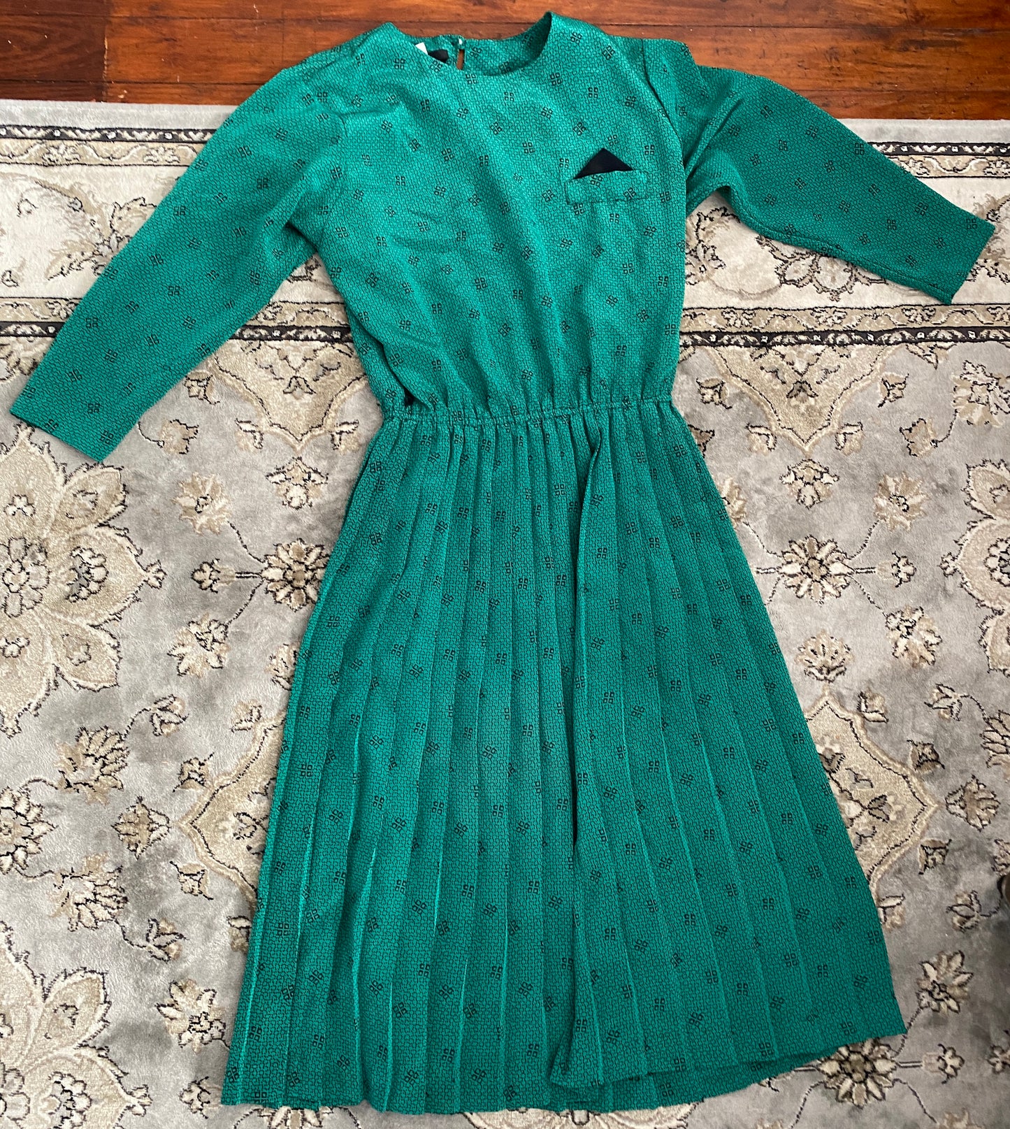 Vintage 70's Secretary Dress Pleated Green Black Funky Pattern