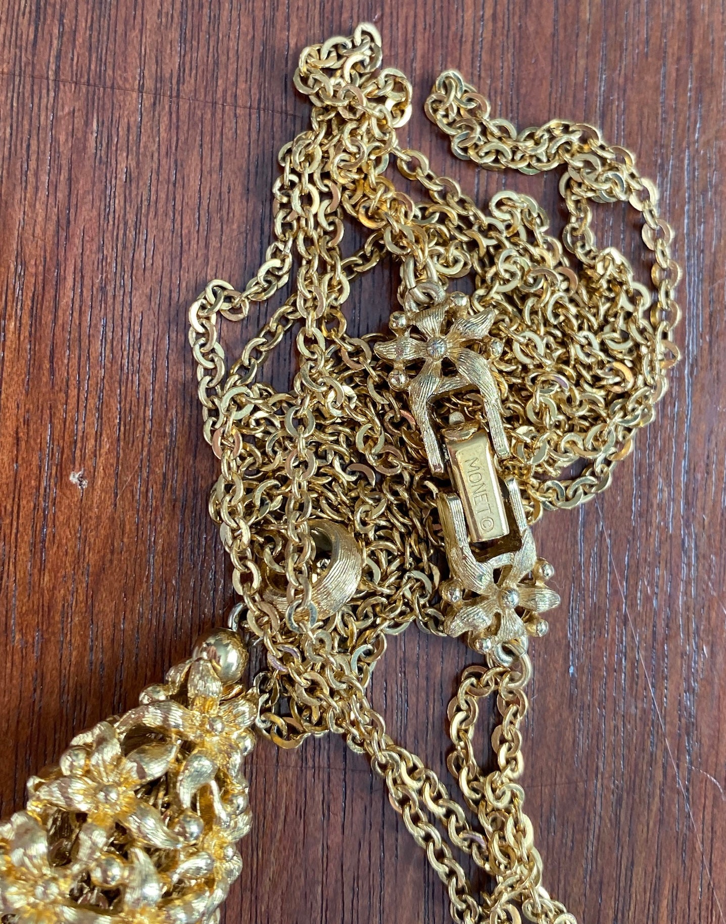 Vintage Monet Tassel Gold Tone Metal Floral Chain Necklace Multistrand