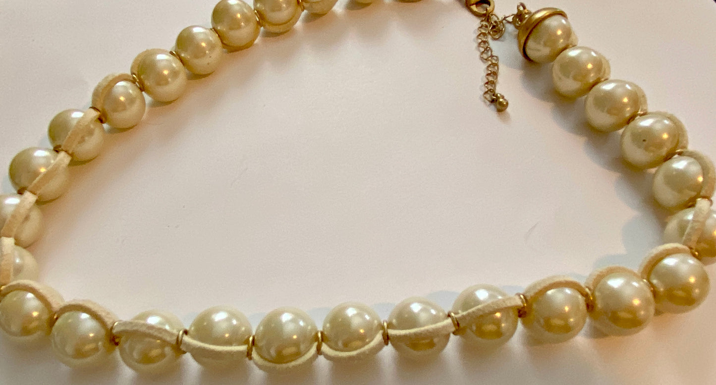 Lia Sophia Large Faux Pearl Single Strand Necklace Leather Cord