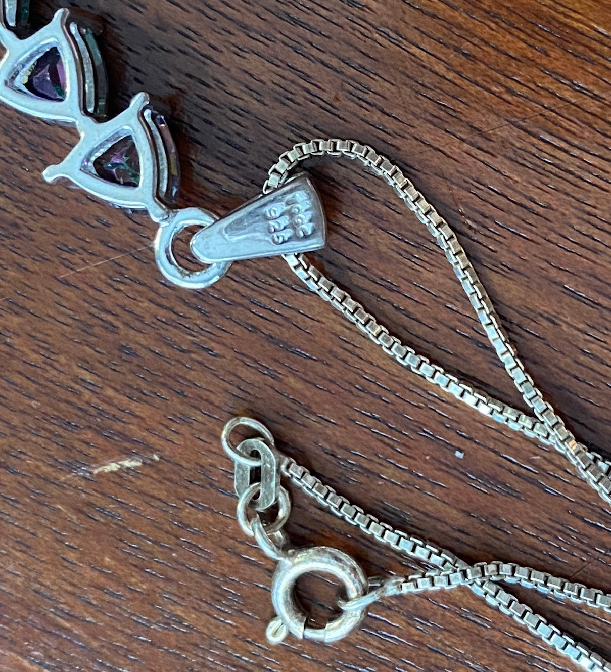 Sterling Silver Box Chain w AB Aurora Borealis Pendant Necklace