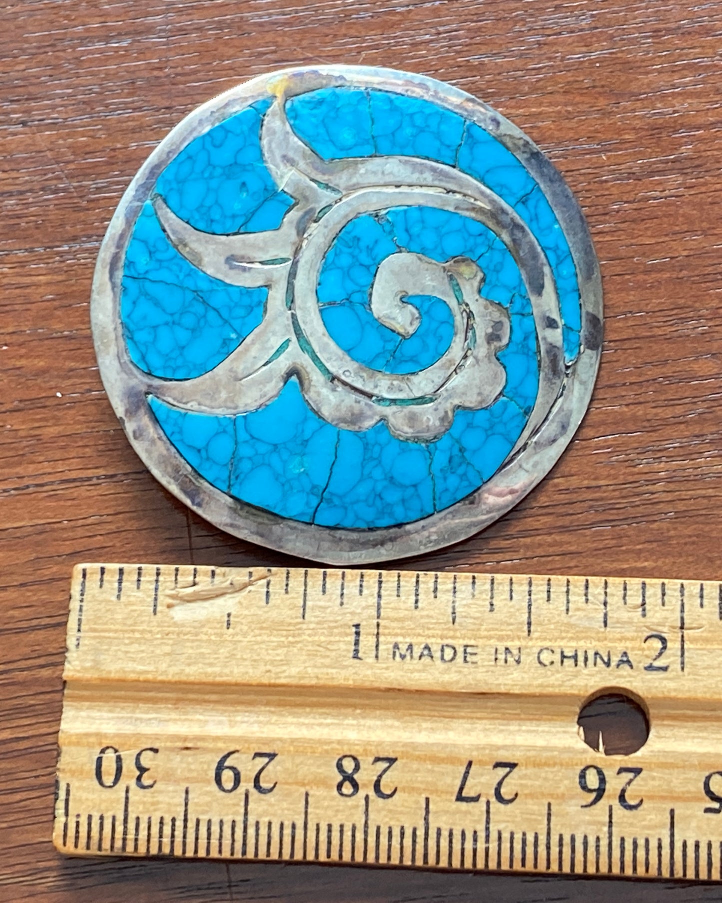 Sterling Silver 925 Turquoise Round Brooch Pendant Signed