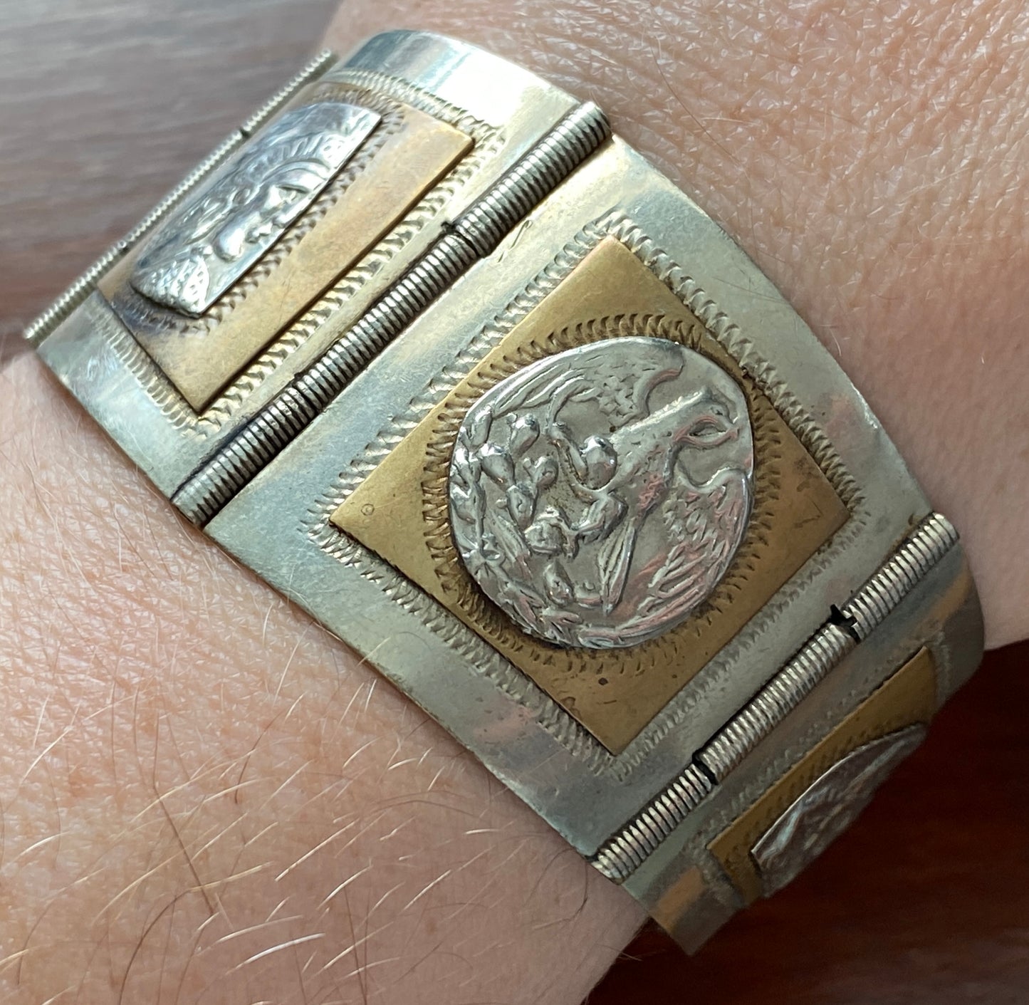 Vintage Taxco Mexico Sterling Silver Aztec Mayan Copper Panel Link Bracelet