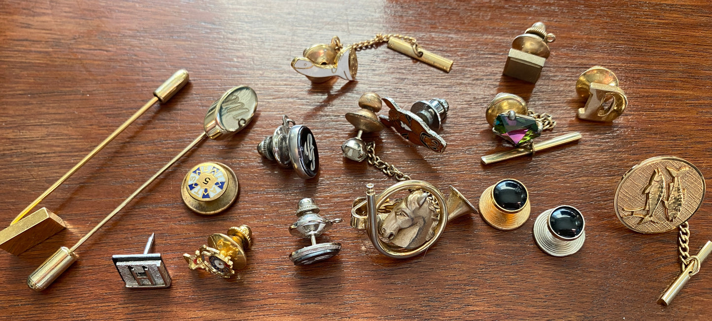 Lot of Vintage Tie Tacks MCM Midcentury Some Signed AB Aurora Borealis Gold Tone