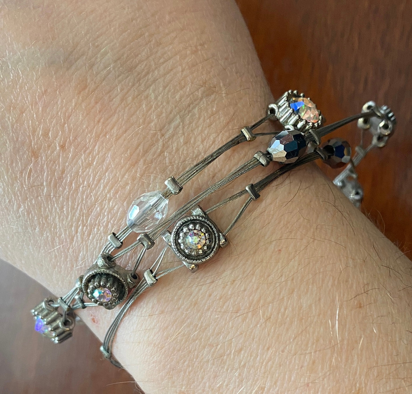 Lot of 3 AB Aurora Borealis Rhinestone Silver Tone Bangle Bracelets Stacking
