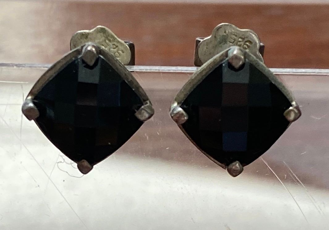 Sterling Silver 925 Faceted Black Stone Study Earrings