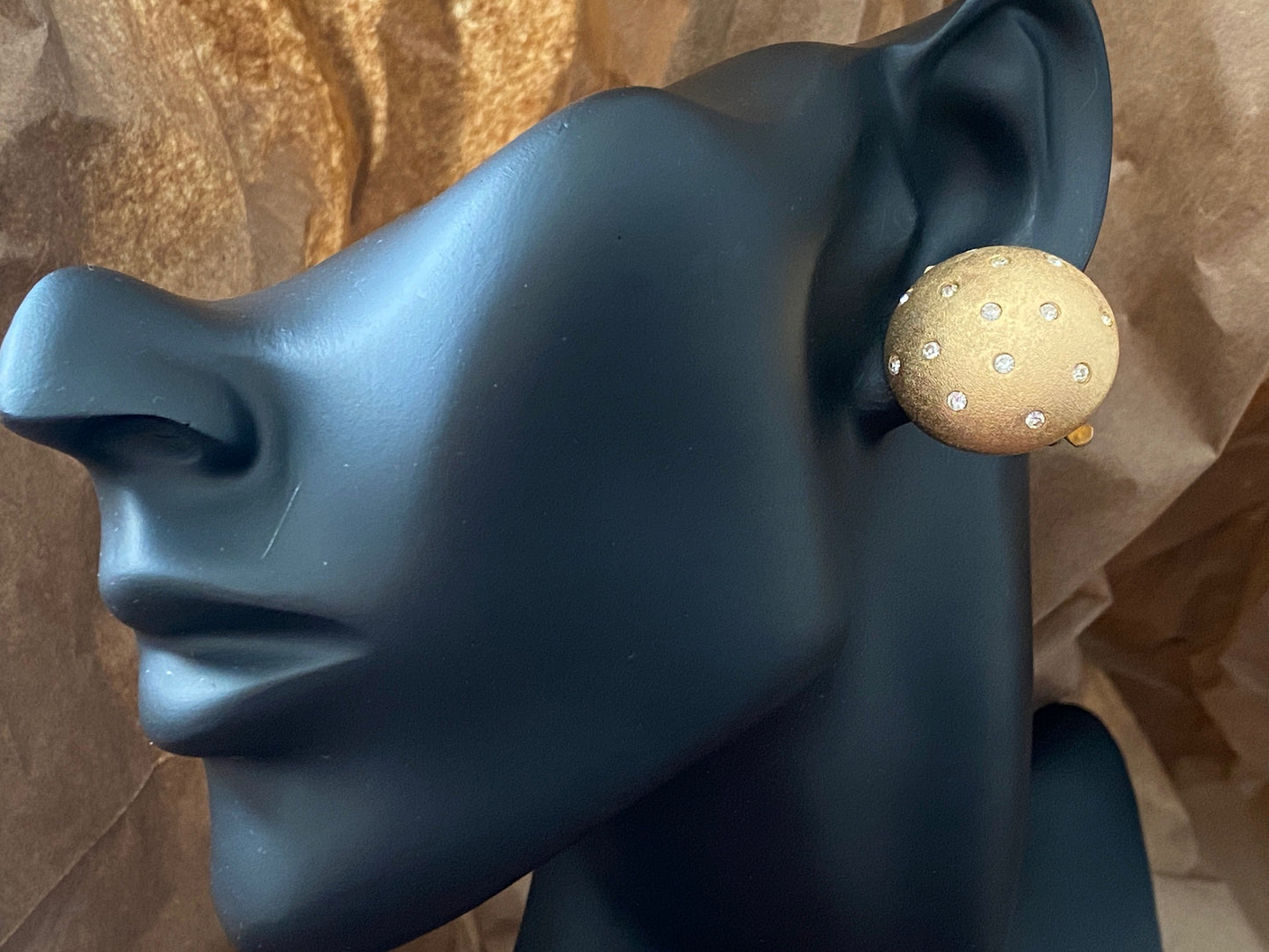 Vintage Swarovski Crystal Domed Brushed Gold Tone Clip on Earrings