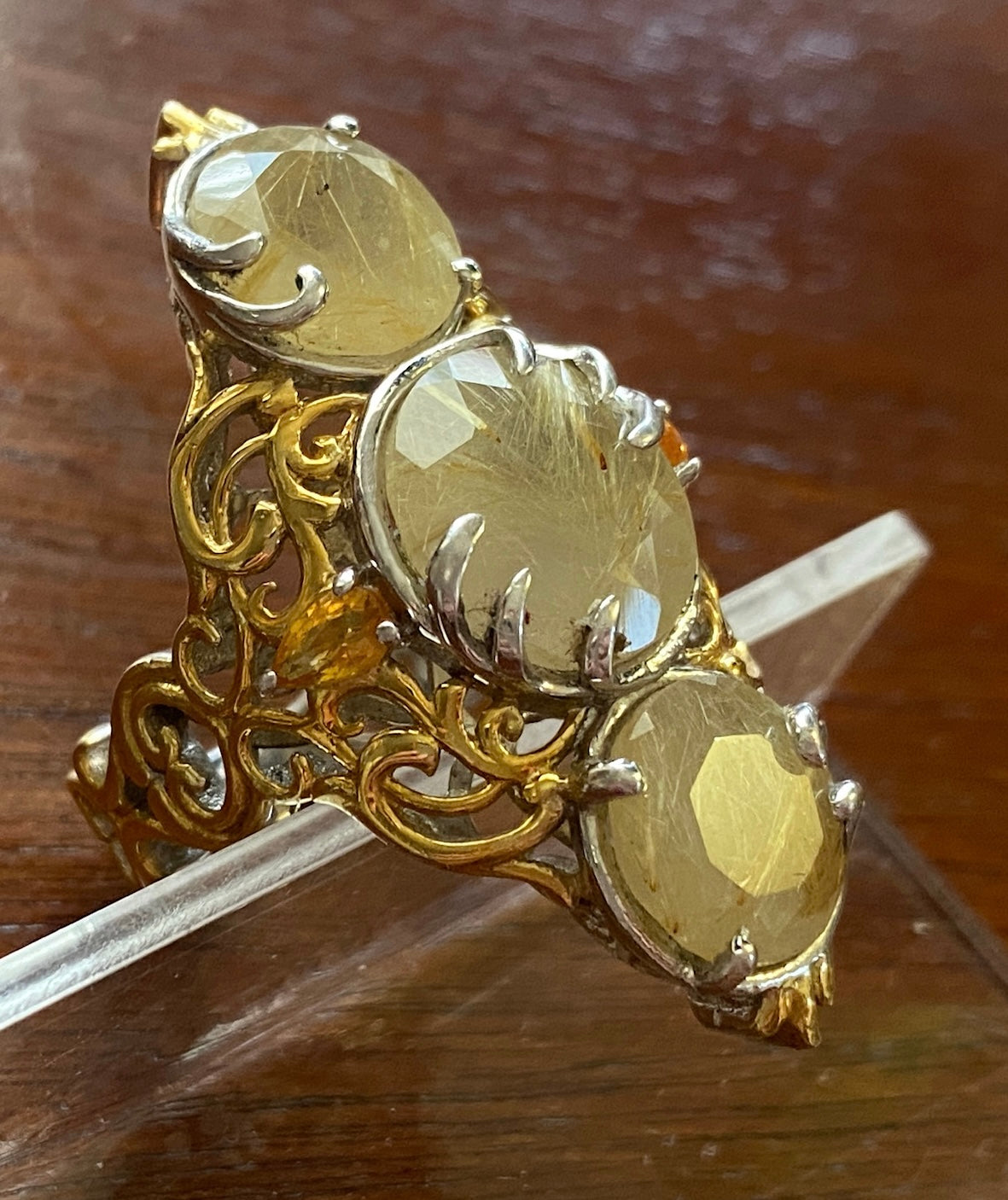 Golden Rutilated Quartz Jalisco Fire Orange Platinum over Sterling Silver Ring Sz 7