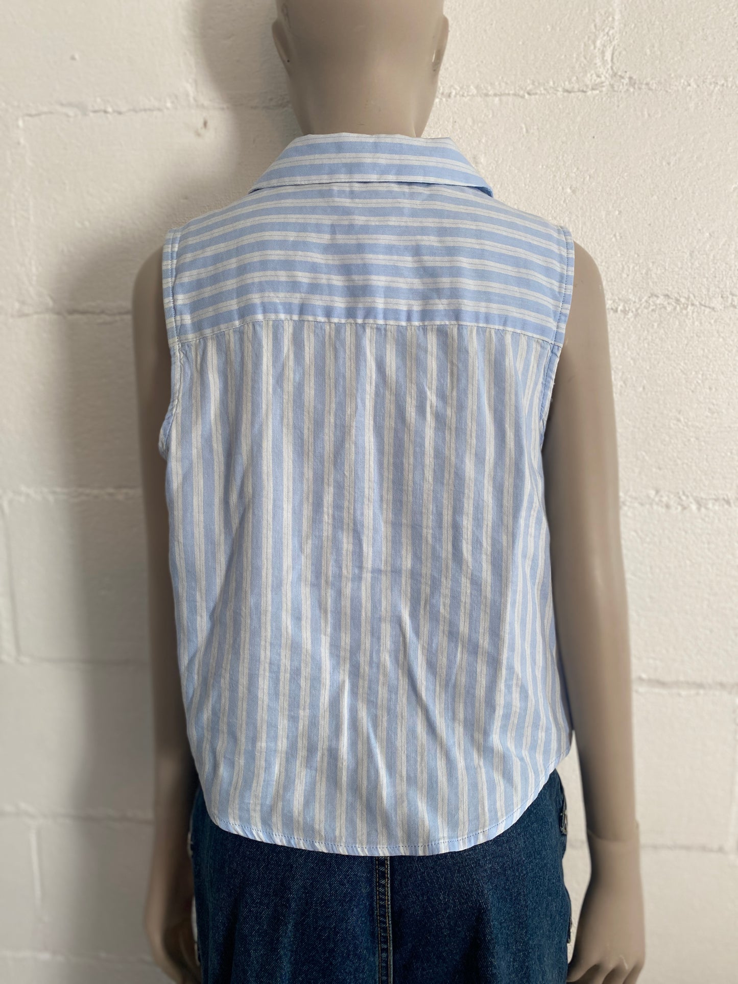 So Blue White Vertical Stripe Button Front Sleeveless Shirt Sz L