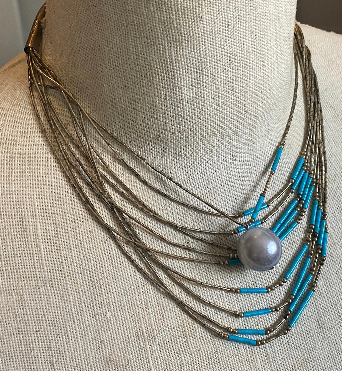 Silvertone Metal Faux Turquoise Pearl Mesh Multistrand Necklace