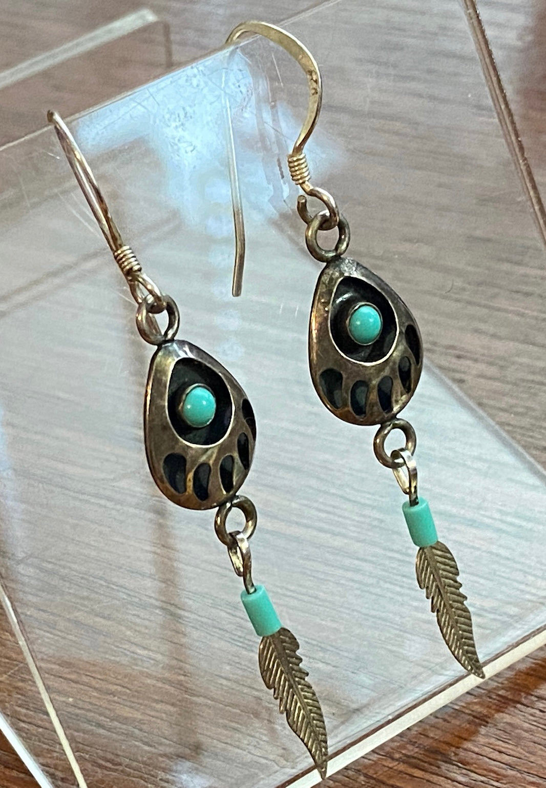Sterling Silver 925 Turquoise Feather Bear Claw Drop Dangly Earrings
