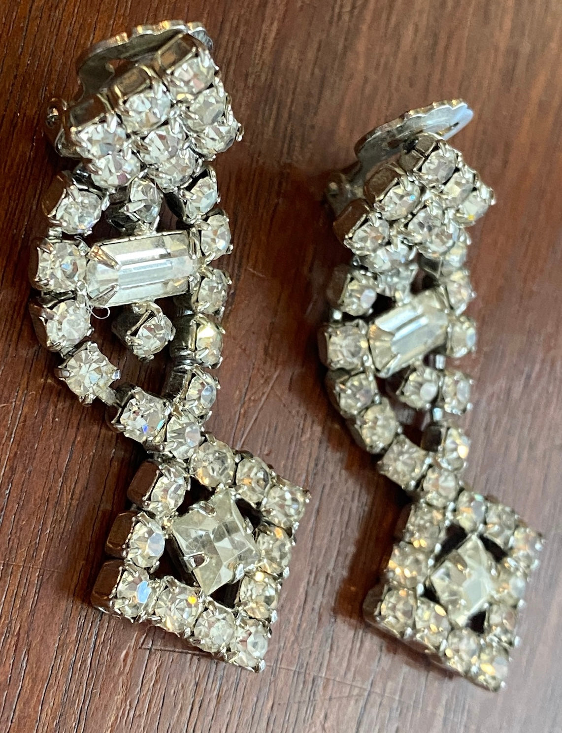 Vintage Silver Tone Round Baguette Rhinestone Dangly Clip on Earrings