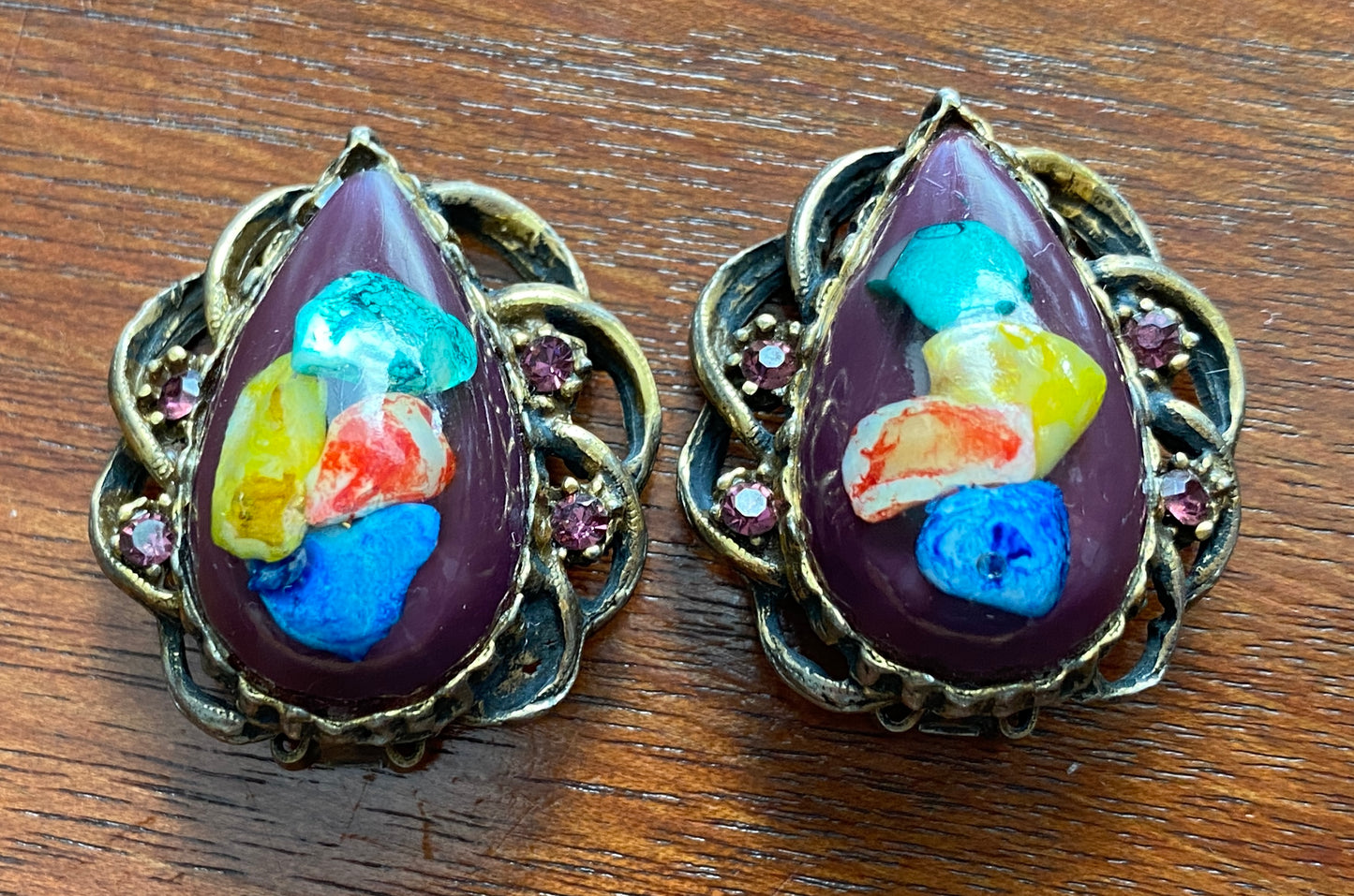 Vintage 80's Large Colorful Rhinestone Resin Confetti Clip on Earrings