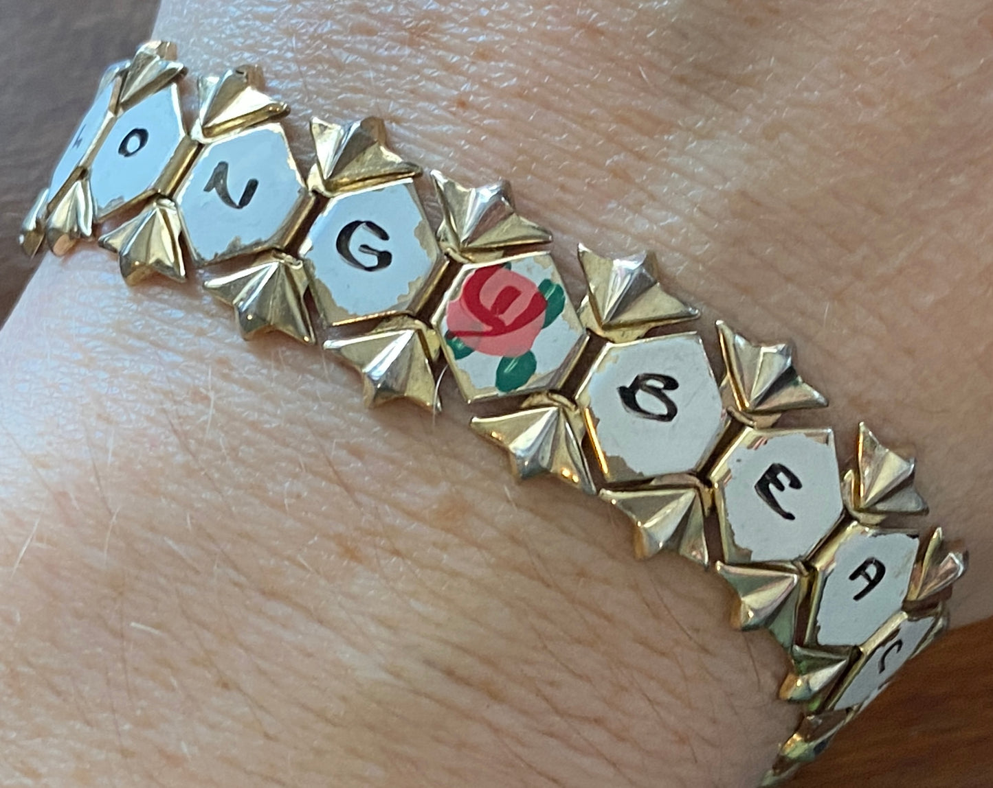 Vintage Gold tone Honeycomb Chain Painted Long Beach California Bracelet