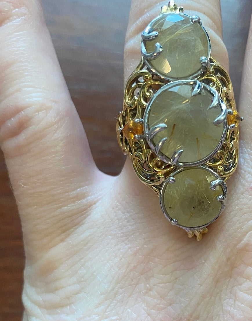 Golden Rutilated Quartz Jalisco Fire Orange Platinum over Sterling Silver Ring Sz 7