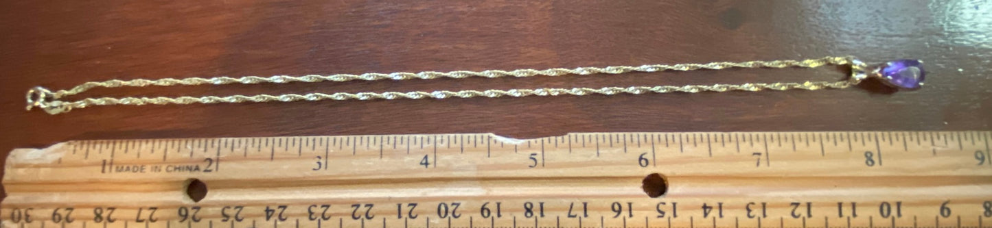 10k Yellow Gold Twist Chain Necklace 14k Pear Shaped Amethyst Pendant