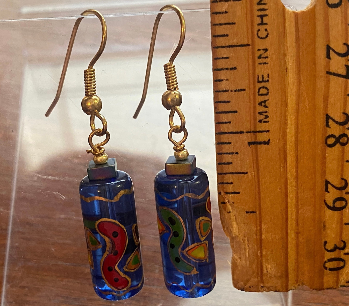 Vintage Cobalt Blue Glass Painted Art Drop Dangly Pierced Earrings