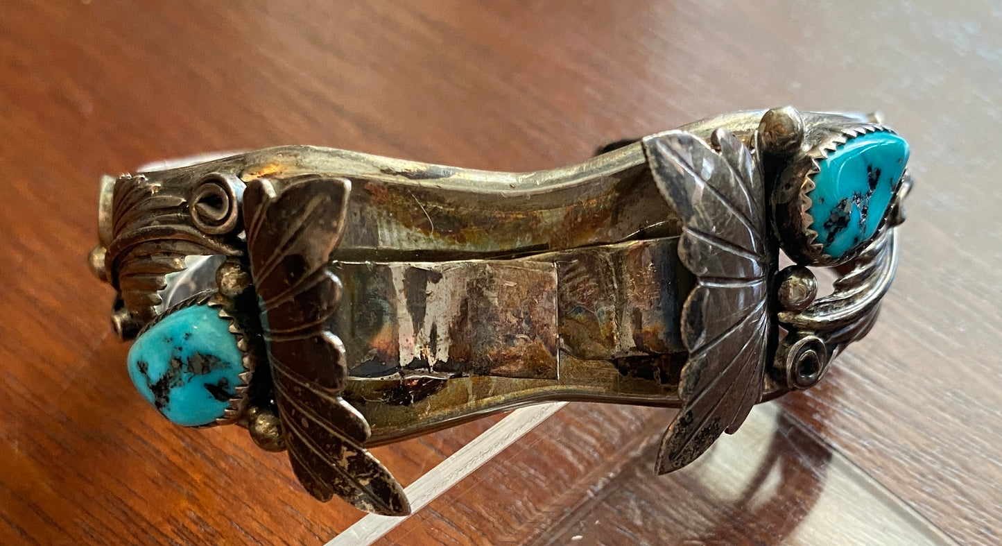 Vintage Old Pawn Navajo Turquoise Sterling Silver WATCH CUFF Bracelet JJ