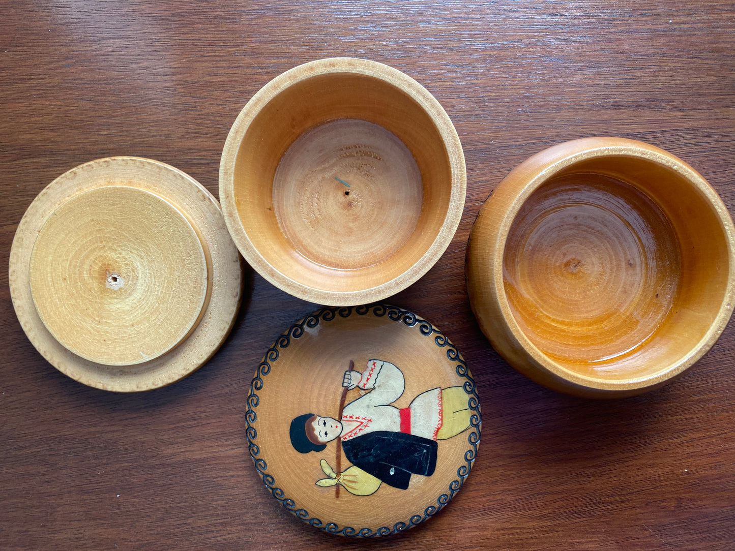 Vintage Wood Carved Trinket Box Set Boy & Girl Romania Souvenir