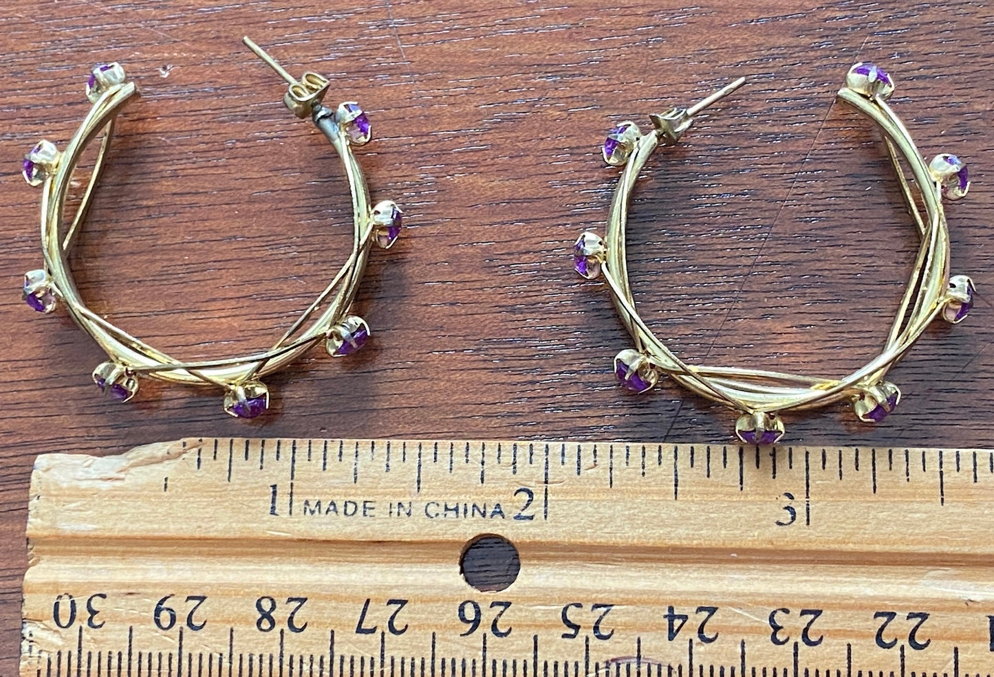 Vintage 80's Gold Tone Purple Rhinestone Hoop Pierced Earrings