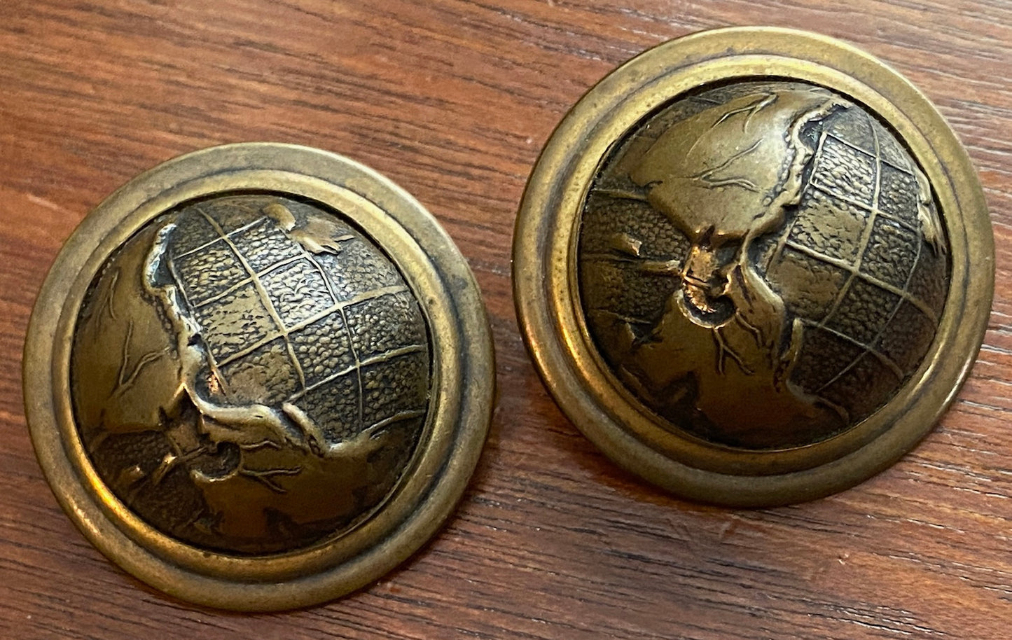 Vintage Bronze Tone Metal Globe Atlas Large Clip on Earrings