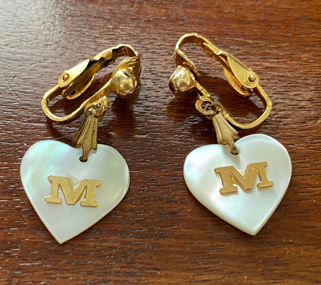 Vintage Gold Tone Heart MOP Mother of Pearl M Letter Initial Clip on Earrings