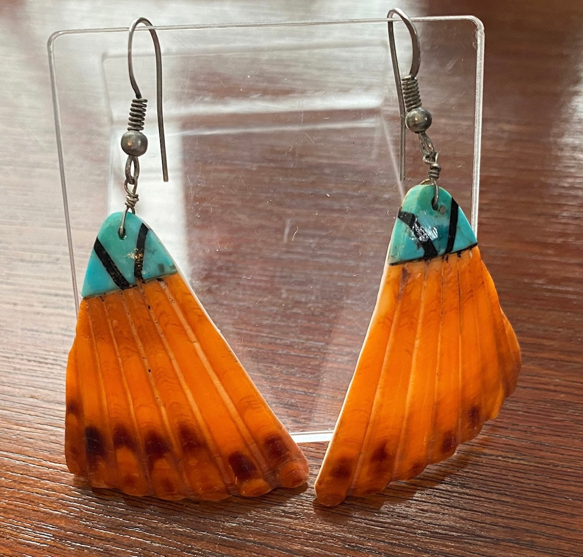 Silver Wire Spiny Oyster Shell Turquoise Onyx Inlay Pierced Earrings Native American