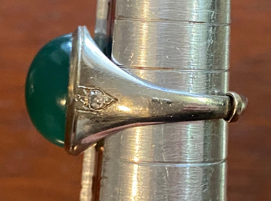 Vintage 14k White Gold Green Chalcedony Diamond Cabochon Ring Sz 5