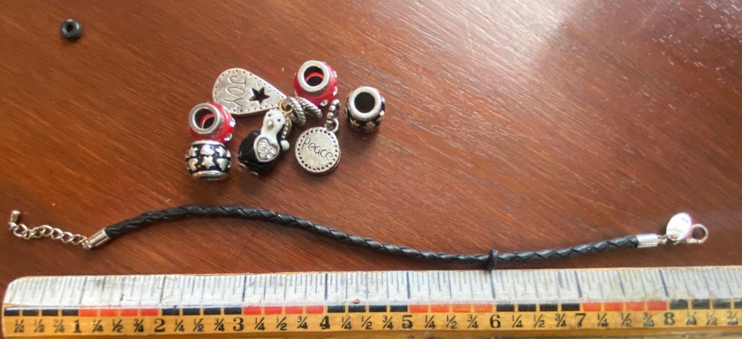 DaYinci Charm Lot Bracelet Black Cord Penguin Winter Theme Silver Tone