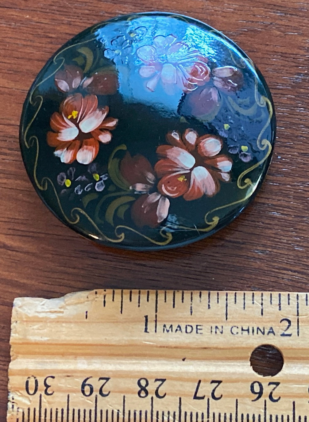 Vintage Hand Painted Black Lacquered Russian Brooch Pin Signed Large Round