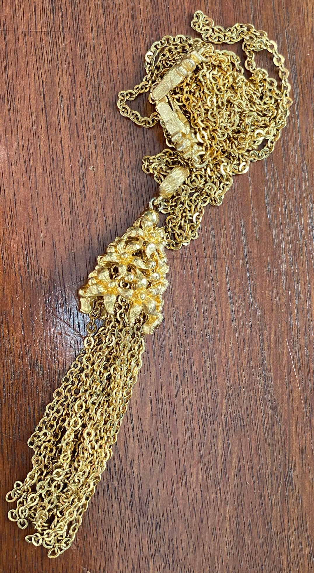 Vintage Monet Tassel Gold Tone Metal Floral Chain Necklace Multistrand