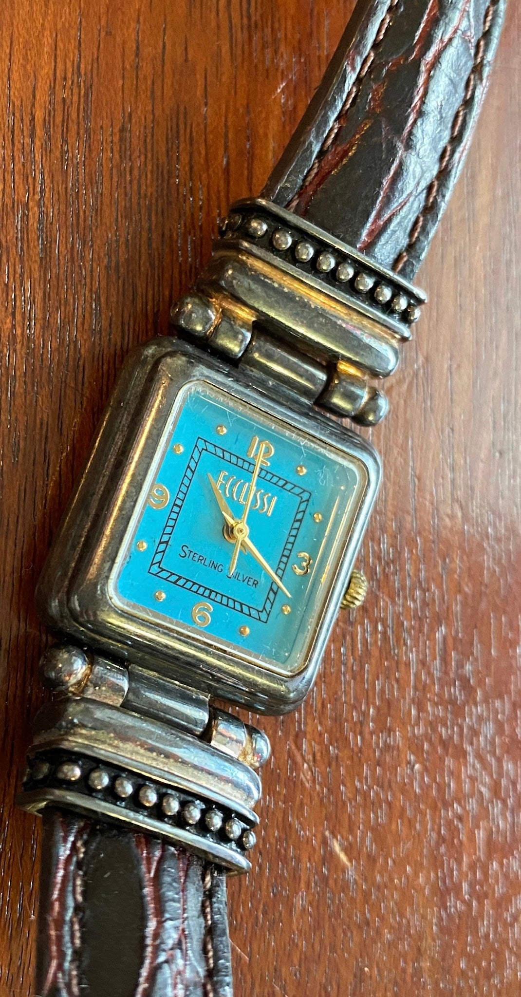 Ecclissi Sterling Silver 925 Blue Face Brown Leather Band Wristwatch