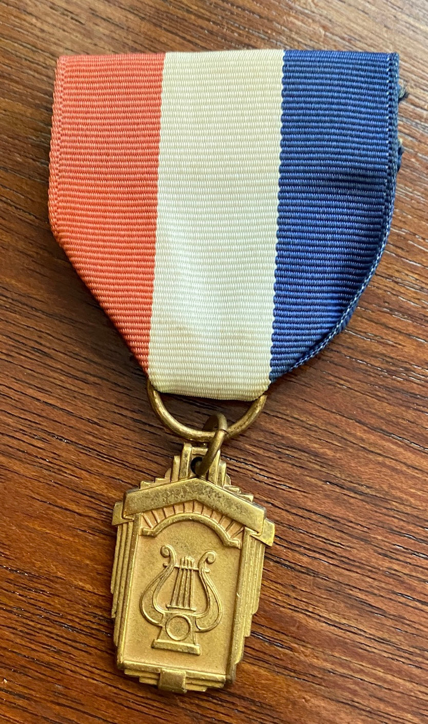 Vintage Music School Medal Lyre Ribbon Brooch Pin