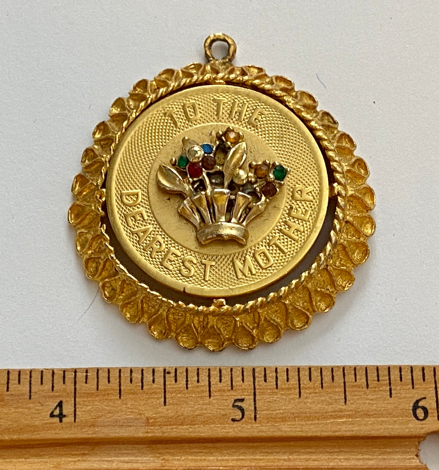 Vintage 'Dearest Mother' Gold Tone Flower Rhinestone Pendant