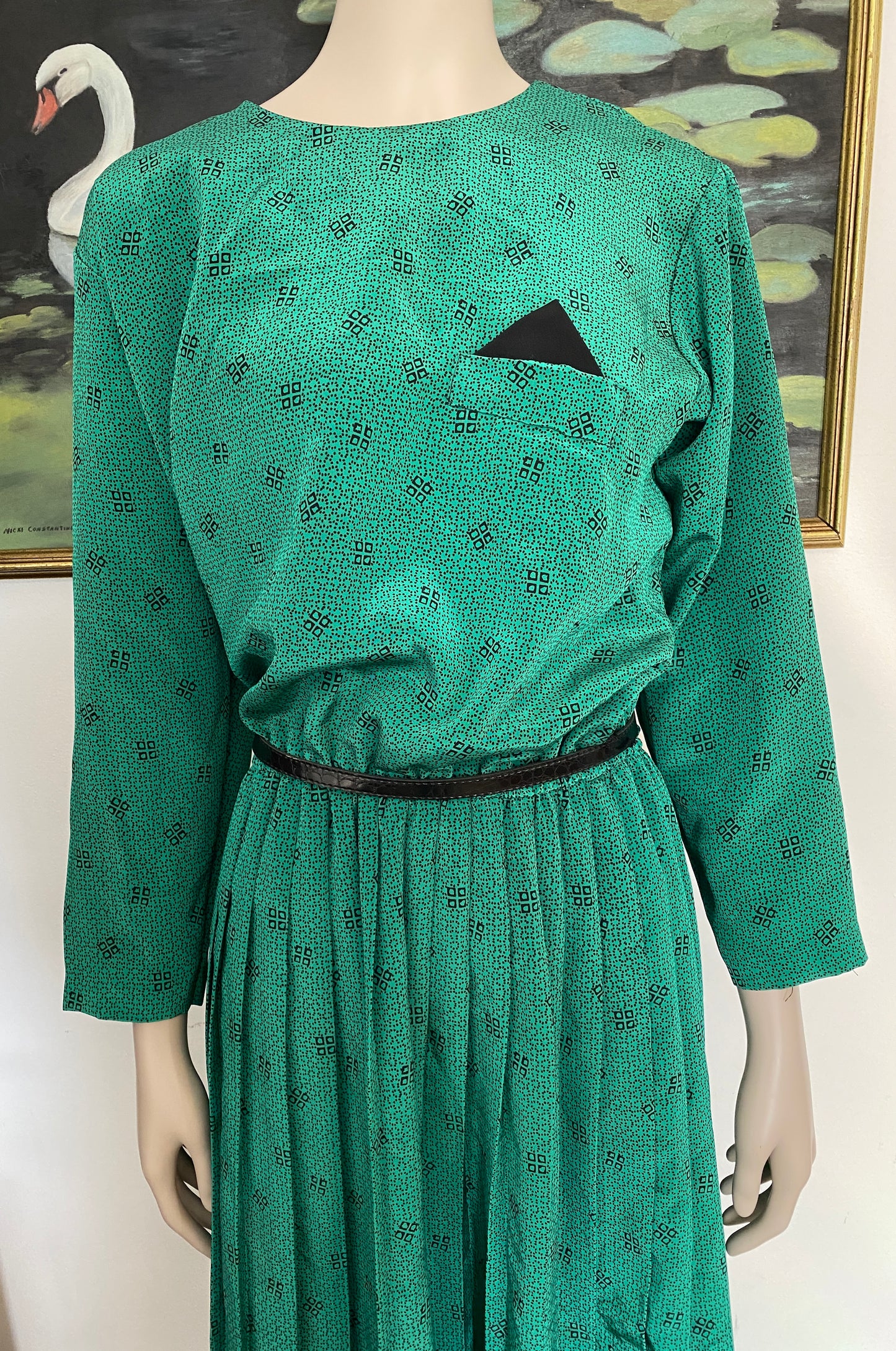 Vintage 70's Secretary Dress Pleated Green Black Funky Pattern